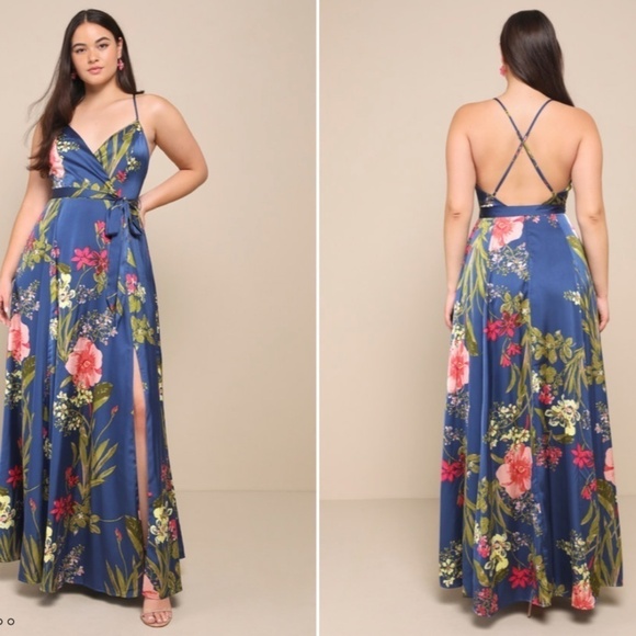 LULU's Floral Sexy Romantic Flowy Floral Wedding Formal Event Satin Maxi - Picture 5 of 6